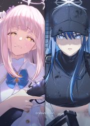 Rule 34 | 2girls, :d, assault rifle, baseball cap, black hair, black headwear, black shirt, blue archive, blue bow, blue bowtie, blue eyes, bow, bowtie, breasts, buttons, capelet, chest harness, clenched teeth, coat, commentary request, crop top, crying, crying with eyes open, dirty, dirty clothes, double-breasted, dress, finger on trigger, flower, frilled dress, frills, gun, hair flower, hair ornament, halo, harness, hat, head tilt, holding, holding gun, holding weapon, lanchester smg, long hair, looking at viewer, medium breasts, midriff, mika (blue archive), multiple girls, natsumachisan, no mask, off shoulder, open mouth, parted lips, pink hair, rifle, saori (blue archive), shirt, shotgun, sidelocks, sig 516, sig sauer, sleeveless, sleeveless dress, sleeveless shirt, small breasts, smile, split screen, spoilers, standing, submachine gun, tears, teeth, twitter username, upper body, very long hair, wavy mouth, weapon, white capelet, white coat, white dress, yellow eyes
