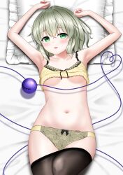 Rule 34 | 1girl, :3, alternate costume, armpits, arms up, black pantyhose, blush, bow, bow panties, breasts, casual, clothes lift, clothes pull, collarbone, commentary request, commission, cowboy shot, drop shadow, eyelashes, floral print, from above, green eyes, green hair, hair between eyes, head on pillow, heart, heart of string, highres, knee up, komeiji koishi, looking at viewer, lying, medium hair, navel, no bra, no headwear, nyanyanoruru, on back, open mouth, panties, pantyhose, pantyhose pull, pillow, pixiv commission, shirt, shirt lift, sleeveless, sleeveless shirt, small breasts, smile, solo, stomach, third eye, touhou, underboob, underwear, variant set, yellow panties, yellow shirt