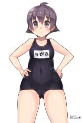 Rule 34 | &gt;:&lt;, 10s, 1girl, 2015, :&lt;, blush, cameltoe, closed mouth, collarbone, covered navel, cowboy shot, dated, hands on own hips, highres, kantai collection, kuro chairo no neko, looking at viewer, name tag, old school swimsuit, one-piece swimsuit, paw print, purple eyes, purple hair, sakawa (kancolle), school swimsuit, short hair, simple background, solo, swimsuit, twitter username, v-shaped eyebrows, white background