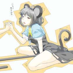 Rule 34 | 00zumou, 1girl, animal ears, barefoot, blush, capelet, dress, grey hair, holding hands, interlocked fingers, jewelry, mouse ears, mouse tail, nazrin, pendant, red eyes, saliva, short hair, sitting, solo focus, tail, tongue, tongue out, touhou, translation request, wariza