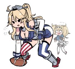 Rule 34 | 2girls, ahoge, american flag legwear, american football (object), asymmetrical legwear, ball, belt, bent over, blonde hair, blush, boots, breasts, cleavage, commentary request, elbow gloves, gambier bay (kancolle), garter straps, gloves, hair between eyes, headgear, iowa (kancolle), kantai collection, large breasts, long hair, mismatched legwear, multicolored clothes, multiple girls, open mouth, ponytail, shirt, shorts, simple background, skirt, smile, star (symbol), striped clothes, striped thighhighs, terrajin, thighhighs, twintails, vertical-striped clothes, vertical-striped thighhighs, white background