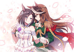 Rule 34 | 2girls, air groove (quercus civilis) (umamusume), air groove (umamusume), alternate costume, animal ears, bare shoulders, breasts, brown hair, cape, cherry blossoms, cleavage, closed mouth, dress, earrings, epaulettes, green jacket, grey eyes, holding hands, horse ears, horse girl, jacket, jewelry, long hair, mauve, medal, military, military uniform, multicolored hair, multiple girls, purple eyes, red cape, see-through, see-through cleavage, short hair, single earring, single epaulette, sleeveless, smile, streaked hair, symboli rudolf (umamusume), umamusume, uniform, very long hair, white dress, yuri