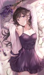 Rule 34 | 1girl, absurdres, arms up, bed, bed sheet, black hair, blush, breasts, cardigan, cleavage, collarbone, dress, flower, highres, holding, holding flower, lavender (flower), lavender dress, lipstick, long hair, long sleeves, looking at viewer, lying, makeup, original, parted lips, petals, purple eyes, solo, tokkyu