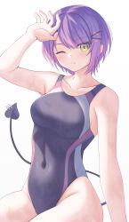 Rule 34 | 1girl, absurdres, aoi zerii, black one-piece swimsuit, breasts, collarbone, competition swimsuit, covered navel, cowboy shot, demon tail, highres, hololive, medium breasts, one-piece swimsuit, one eye closed, piercing, purple hair, short hair, simple background, sitting, solo, swimsuit, tail, tail ornament, tail piercing, tokoyami towa, virtual youtuber, white background, yellow eyes