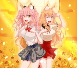Rule 34 | 10s, 2girls, animal ear fluff, animal ears, bad id, bad pixiv id, blonde hair, blush, breasts, clothes around waist, fang, fate/extra, fate/extra ccc, fate/extra ccc fox tail, fate/grand order, fate (series), fox ears, fox girl, fox tail, highres, jacket, jacket around waist, large breasts, long hair, looking at viewer, multiple girls, official alternate costume, one eye closed, open mouth, paw pose, pink hair, school uniform, shirt, skirt, smile, suzuka gozen (fate), tail, tamamo (fate), tamamo no mae (jk) (fate), twintails, yellow eyes