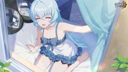 Rule 34 | 1girl, = =, alternate costume, arm support, bare arms, bare legs, blue hair, blue nails, blue ribbon, chinese commentary, collarbone, commentary request, curtains, day, dress, feet, hair between eyes, highres, honkai (series), honkai impact 3rd, indoors, kneeling, light blue hair, logo, long hair, m legs, nail polish, official art, official wallpaper, open mouth, open window, plant, ribbon, shigure kira, sleeveless, solo, toes, waking up, white dress, window