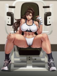 Rule 34 | 1girl, abs, adidas, alternate costume, alternate hairstyle, beckoning, black socks, breasts, brown eyes, brown hair, cameltoe, capcom, chun-li, cleft of venus, collarbone, come hither, curvy, exercising, exercise machine, eyeliner, fingerless gloves, fingernails, gloves, gym, impossible clothes, indoors, large breasts, legs, lips, long hair, looking at viewer, makeup, muscular, muscular female, navel, ponytail, shiny skin, shoes, sitting, smile, sneakers, socks, solo, sports bikini, sports bra, spread legs, street fighter, sweat, thick thighs, thighs, toned, xxoom