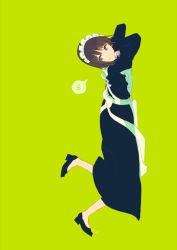 Rule 34 | 1girl, apron, arm rest, back bow, black dress, black footwear, black hair, blue eyes, blunt bangs, bob cut, bow, closed mouth, countdown, crossed arms, dot nose, dress, elbow rest, frilled apron, frilled hairband, frills, from side, full body, green background, hairband, head rest, head tilt, high heels, juliet sleeves, leg up, long dress, long sleeves, looking at viewer, looking to the side, lying, maeya susumu, maid-san wa taberu dake, maid apron, maid headdress, negative space, no socks, on stomach, puffy sleeves, shoes, short hair, signature, simple background, smile, solo, speech bubble, spoken number, suzume (maid-san wa taberu dake), swept bangs, tareme, white apron, white bow, white hairband
