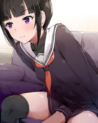 Rule 34 | 1girl, black hair, black shirt, black skirt, blunt bangs, blush, breasts, closed mouth, commentary request, couch, covered collarbone, hand under clothes, hand under skirt, highres, idolmaster, idolmaster cinderella girls, implied fingering, knees, leaning forward, looking away, neckerchief, on couch, out of frame, over-kneehighs, pleated skirt, purple eyes, red neckerchief, sailor collar, school uniform, seneto, serafuku, shirayuki chiyo, shirt, sidelocks, sitting, skirt, small breasts, solo focus, sweat, thighhighs, thighs, turtleneck, v-shaped eyebrows, white sailor collar