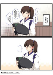 Rule 34 | 1girl, alternate breast size, archery, archery dojo, blush, breasts, brown eyes, brown hair, gradient background, hair ornament, highres, huge breasts, japanese clothes, kaga (kancolle), kantai collection, kimono, konoshige (ryuun), long hair, long sleeves, multiple views, muneate, open mouth, side ponytail, speech bubble, tasuki, translated, translation request, white kimono