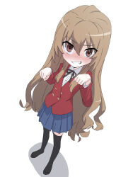 Rule 34 | 1girl, absurdres, aisaka taiga, black ribbon, black thighhighs, blazer, blue skirt, blush, brown eyes, brown hair, buttons, clenched teeth, collared shirt, commentary request, double-breasted, from above, from side, full body, grin, hair between eyes, hands up, highres, jacket, long hair, long sleeves, looking at viewer, neck ribbon, oohashi high school uniform, paw pose, pleated skirt, red jacket, ribbon, school uniform, shimotsu., shirt, simple background, skirt, smile, solo, standing, teeth, thighhighs, toradora!, very long hair, white background