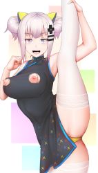Rule 34 | 1girl, :d, alternate costume, alternate hairstyle, black dress, blue eyes, breasts, china dress, chinese clothes, dress, flexible, ginhaha, hair bun, hair ornament, heart, heart-shaped pupils, kaguya luna, large breasts, leg up, looking at viewer, nipple cutout, nipples, open mouth, panties, partially visible vulva, silver hair, single hair bun, smile, solo, split, standing, standing on one leg, standing split, symbol-shaped pupils, the moon studio, thighhighs, underwear, virtual youtuber, white thighhighs, yellow panties