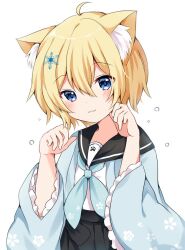 Rule 34 | 1girl, :3, animal ear fluff, animal ears, blonde hair, blue eyes, blush, cat ears, cat girl, commission, frilled skirt, frills, hair ornament, japanese clothes, kimono, kokoshira 0510, long sleeves, looking at viewer, neckerchief, original, paw pose, paw print, pleated skirt, sailor collar, short hair, short kimono, skeb commission, skirt, smile, snowflake hair ornament, solo, wide sleeves