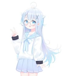 Rule 34 | 1girl, :d, ahoge, amatsuka uto, animal, animal on head, black-framed eyewear, blue eyes, blue hair, blue sailor collar, blue skirt, blurry, blurry background, blush, bow, depth of field, deyui, glasses, hair ornament, hand up, highres, indie virtual youtuber, long hair, long sleeves, looking at viewer, on head, open mouth, pleated skirt, puffy long sleeves, puffy sleeves, round eyewear, sailor collar, school uniform, serafuku, shirt, simple background, skirt, sleeves past wrists, smile, solo, striped, striped bow, teeth, two side up, upper teeth only, v, very long hair, virtual youtuber, white background, white shirt, wing hair ornament, x hair ornament