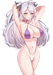 Rule 34 | 1girl, absurdres, armpits, arms behind head, azur lane, bikini, breasts, choker, cleavage, cosplay, cowboy shot, criss-cross halter, halterneck, heart, highres, large breasts, looking at viewer, mole, mole on breast, moyoron, multicolored hair, official alternate costume, prinz eugen (azur lane), simple background, slingshot swimsuit, solo, streaked hair, swimsuit, two-tone bikini, two side up, unzen (azur lane), unzen (azur lane) (cosplay), unzen (sojourn through clear seas) (azur lane), white background