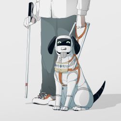 Rule 34 | 1boy, :3, animal focus, avogado6, cane, commentary, dog, english commentary, grey pants, guide dog, holding, holding cane, holding leash, leash, original, pants, robot, robot animal, robot dog, shirt, white cane, white shirt