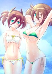 Rule 34 | 2girls, aqua eyes, armpits, arms behind back, arms behind head, arms up, bandeau, bikini, blush, bow, bow bikini, breasts, brown hair, cameltoe, cleavage, cloud, covered erect nipples, cowboy shot, day, frilled bikini, frills, from side, green bikini, groin, hair between eyes, hair ornament, hairclip, highres, large breasts, light smile, looking at viewer, looking back, lowleg, lowleg bikini, micro bikini, multiple girls, navel, ocean, one eye closed, outdoors, patty (pso2), phantasy star, phantasy star online 2, pointy ears, ryu-akt, short hair, short twintails, siblings, side-tie bikini bottom, sisters, skindentation, sky, smile, standing, strap gap, string bikini, striped bikini, striped clothes, swimsuit, tear (pso2), thigh gap, twintails, underboob, water, white bikini, wide hips, wink