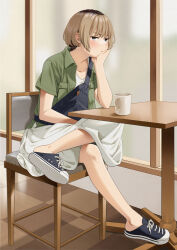 Rule 34 | 1girl, bag, blue footwear, blush, brown hair, collarbone, commentary request, crossed legs, cup, dress, full body, green shirt, grey eyes, hand up, head rest, indoors, legs, looking at viewer, mattaku mousuke, medium hair, mug, multicolored hair, on chair, original, pout, roots (hair), shadow, shirt, shoes, short sleeves, shoulder bag, sitting, sneakers, solo, tile floor, tiles, twitter username, unbuttoned, unbuttoned shirt, watermark, white dress, white shirt, wooden floor