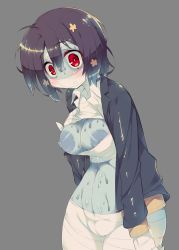 Rule 34 | 10s, 1girl, bandages, black hair, blazer, breasts, commentary request, grey background, hair between eyes, hair ornament, jacket, kanibasami, large areolae, looking at viewer, medium breasts, mizuno ai, nipples, red eyes, short hair, solo, sweat, zombie, zombie land saga