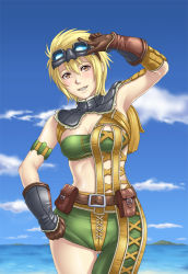 Rule 34 | 1girl, adjusting goggles, armlet, armor, armpits, asymmetrical clothes, belt, belt pouch, blonde hair, breasts, brown eyes, capcom, cleavage, cloud, gloves, gluteal fold, goggles, goggles on head, hair between eyes, leather (armor), leather armor, looking at viewer, medium breasts, midriff, monster hunter (series), pouch, short hair, shorts, single pantsleg, sky, smile, solo, strapless, taut clothes, thor (deep rising), tube top, water