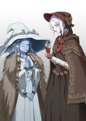 Rule 34 | 2girls, absurdres, ascot, bloodborne, blue eyes, blue hair, blue skin, bonnet, cloak, colored skin, cracked skin, crossover, doll, doll joints, dress, elden ring, extra arms, extra faces, flower, fur cloak, gloves, hat, highres, jewelry, joints, long hair, mian li, multiple girls, one eye closed, plain doll, ranni the witch, rose, short hair, smile, swept bangs, trait connection, tricorne, white dress, white hair, witch, witch hat
