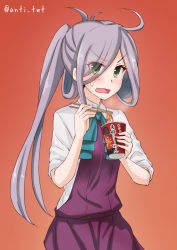 Rule 34 | 1girl, :o, ahoge, anti (untea9), asashimo (kancolle), bow, bowtie, chopsticks, cup ramen, dress, food, green eyes, grey hair, hair over one eye, halterneck, highres, holding, holding chopsticks, holding food, kantai collection, long hair, long sleeves, looking at viewer, open mouth, ponytail, red background, school uniform, shirt, simple background, sleeves rolled up, solo, twitter username, upper body, wavy mouth, white shirt