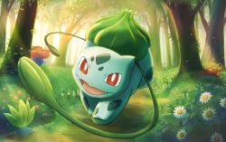 Rule 34 | :d, bright pupils, bulbasaur, commentary request, creatures (company), daisy, day, fangs, flower, forest, game freak, gen 1 pokemon, gloom (pokemon), grass, light rays, luna mokamoka, nature, nintendo, no humans, oddish, open mouth, outdoors, plant, pokemon, pokemon (creature), red eyes, smile, tongue, tree, vileplume, vines, white pupils