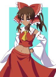 Rule 34 | 1girl, alternate skin color, aohadapeach, aqua background, ascot, border, bow, brown eyes, brown hair, closed mouth, commentary, dark-skinned female, dark skin, detached sleeves, english commentary, groin, hair bow, hair tubes, hakurei reimu, hand on own hip, highres, looking at viewer, medium hair, midriff, navel, nontraditional miko, red bow, red shirt, red skirt, ribbon-trimmed sleeves, ribbon trim, shirt, simple background, skirt, solo, standing, touhou, white border, wide sleeves, yellow ascot