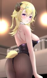 Rule 34 | 1girl, :o, absurdres, ahoge, alternate costume, alternate hairstyle, animal ears, ass, backless leotard, black leotard, black pantyhose, blonde hair, blue hair, blurry, blurry background, blush, bokeh, breasts, commentary, cowboy shot, depth of field, detached collar, double-parted bangs, fishnet pantyhose, fishnets, from behind, from side, hair between eyes, hair ornament, hairclip, highres, hololive, horns, indoors, leotard, light blue hair, looking at viewer, looking back, medium breasts, medium hair, multicolored hair, nerorigogo, open mouth, pantyhose, playboy bunny, purple eyes, sheep ears, sheep girl, sheep horns, sheep tail, solo, standing, strapless, strapless leotard, streaked hair, tail, tsunomaki watame, two-tone hair, virtual youtuber
