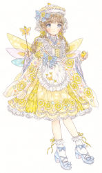 Rule 34 | 1girl, blue bow, blue footwear, blunt bangs, blush, bow, brown hair, dress, fairy, food, frills, fruit, full body, hair bow, hisakata (hisa nn), holding, holding food, holding fruit, holding wand, long hair, looking at viewer, low twintails, original, personification, pointy ears, ribbon, simple background, socks, solo, standing, twintails, wand, white background, white socks, wide sleeves, yellow dress, yellow headwear, yellow ribbon, yuzu (fruit)