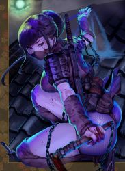 Rule 34 | 1girl, armor, ass, black hair, blood, blood in hair, blood on clothes, blood on face, blood on hands, bloody weapon, breasts, brown socks, chain, female focus, flip-flops, from side, fundoshi, grey eyes, highres, holding, holding weapon, ichiren takushou, japanese clothes, kunai, large breasts, looking back, mask, medium hair, mouth mask, night, ninja, original, outdoors, ponytail, sandals, socks, solo, sword, tagme, thighs, weapon