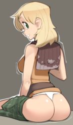 Rule 34 | 1girl, alternate eye color, ashley graham, ass, blonde hair, breasts, clothes pull, green eyes, looking at viewer, looking back, nickleflick, open mouth, orange shirt, resident evil, resident evil 4, shirt, short hair, simple background, skirt, sleeveless, solo, thong, wedgie