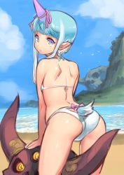 Rule 34 | 1girl, ass, back, bare arms, bare shoulders, beach, bikini, blue hair, bow, commentary request, copyright request, day, glowing, glowing eyes, gradient hair, highres, horizon, horn ornament, horn ribbon, horns, long hair, multicolored hair, ninnin (shishitou), ocean, pink bow, pink ribbon, pointy ears, purple eyes, ribbon, sand, shoulder blades, single horn, skull, solo, swimsuit, tail, water, white bikini, white hair