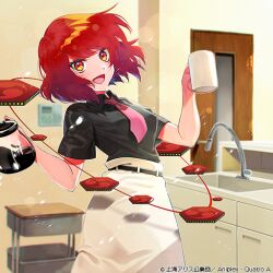 Rule 34 | 1girl, album cover, belt, black shirt, bow, bowtie, check commentary, coffee pot, collared shirt, commentary, commentary request, cover, cup, drum, futoumeido, holding, holding cup, horikawa raiko, indoors, instrument, kitchen, looking at viewer, mug, office, official art, open mouth, orange eyes, pink bow, pink bowtie, red hair, shirt, short hair, skirt, touhou, touhou cannonball, water drop, white skirt
