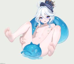 Rule 34 | 1girl, bandaid, bandaids on nipples, blue eyes, blue hair, blue headwear, blue pupils, breasts, drop-shaped pupils, feet up, furina (genshin impact), genshin impact, hat, heterochromia, highres, light blue hair, lying, making-of available, miaopa2s, mismatched pupils, multicolored hair, navel, nude, on back, pasties, slime (creature), small breasts, symbol-shaped pupils, top hat, white hair