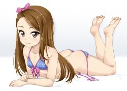 Rule 34 | 1girl, ass, bare shoulders, barefoot, bikini, blue bikini, breasts, brown eyes, brown hair, butt crack, collarbone, feet, flat chest, full body, hair ribbon, idolmaster, idolmaster (classic), long hair, looking at viewer, lying, mamezou, matching hair/eyes, minase iori, on stomach, pointing, polka dot, polka dot bikini, ribbon, side-tie bikini bottom, simple background, small breasts, smile, soles, solo, swimsuit, the pose, toes, untied bikini
