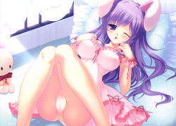 Rule 34 | 1girl, absurdres, animal ears, bed, breasts, rabbit ears, cameltoe, camisole, highres, image sample, knees together feet apart, lying, medium breasts, mikeou, one eye closed, panties, pillow, stuffed animal, stuffed rabbit, stuffed toy, underwear, window, yawning