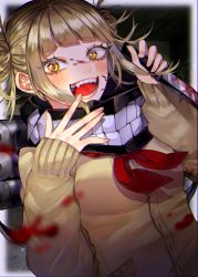 Rule 34 | 1girl, :d, blood, bloody knife, blush, boku no hero academia, brown cardigan, brown eyes, brown hair, cardigan, commentary request, double bun, fangs, hair bun, hands up, highres, holding, holding knife, knife, long sleeves, looking at viewer, maria (maria0304), messy hair, neckerchief, open mouth, red neckerchief, sleeves past wrists, smile, solo, toga himiko, upper body