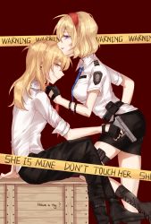 Rule 34 | 2girls, alice margatroid, alternate costume, bad id, bad pixiv id, badge, belt, black pants, black skirt, blonde hair, blue eyes, blue necktie, boots, braid, breasts, caution tape, collared shirt, couple, crate, earrings, english text, fingerless gloves, glock, gloves, gun, hairband, hand on own hip, handgun, highres, holding, holding gun, holding weapon, jewelry, kirisame marisa, knee boots, looking at viewer, looking to the side, meng ziya, miniskirt, multiple girls, necktie, necktie grab, neckwear grab, open mouth, pants, pistol, pointy nose, police, police uniform, policewoman, profile, red necktie, shirt, short sleeves, single braid, sitting, skirt, sleeves rolled up, smile, standing, thigh strap, thighs, touhou, uniform, untucked shirt, weapon, white shirt, yellow eyes, yuri