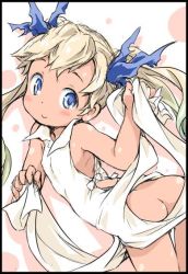 Rule 34 | 10s, 1girl, apron, apron lift, arched back, ass, bad id, bad twitter id, bare shoulders, black border, blonde hair, blue eyes, blush, border, clothes lift, dark-skinned female, dark skin, from behind, granblue fantasy, hair ornament, ham (points), inactive account, io (granblue fantasy), leaning forward, long hair, looking away, looking back, looking to the side, naked apron, smile, solo, tan, twintails, twisted torso