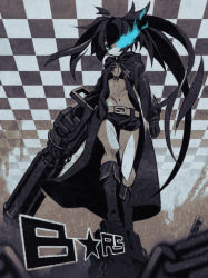 Rule 34 | 10s, 1girl, 92, 92kuni92, arm cannon, bad id, bad pixiv id, bikini, bikini top only, black hair, black rock shooter, black rock shooter (character), blue eyes, boots, coat, glowing, glowing eyes, highres, long hair, midriff, navel, pale skin, scar, shorts, solo, swimsuit, twintails, very long hair, weapon