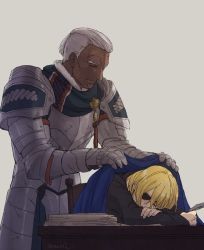 Rule 34 | 2boys, armor, artist name, blonde hair, book, cape, covering with blanket, dark skin, dark-skinned male, dedue molinaro, dimitri alexandre blaiddyd, closed eyes, feathers, fire emblem, fire emblem: three houses, fur trim, gloves, grey background, highres, male focus, manly, meganemido, multiple boys, nintendo, aged up, scar, sitting, sleeping, white hair