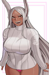Rule 34 | 1girl, absurdly long hair, alternate costume, animal ear fluff, animal ears, arms at sides, artist name, bad id, bad twitter id, blush, boku no hero academia, breasts, commentary, cowboy shot, curvy, dark-skinned female, dark skin, english commentary, forehead, grey hair, gud0c, highres, impossible clothes, impossible sweater, large breasts, long hair, looking at viewer, mirko, open mouth, outline, panties, parted bangs, patterned background, pink panties, rabbit ears, raised eyebrow, red eyes, ribbed sweater, shiny skin, sidelocks, sleeves past wrists, slit pupils, smile, solo, sweater, teeth, thick thighs, thighs, turtleneck, turtleneck sweater, underwear, very long hair, white background, white sweater