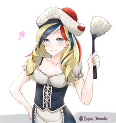 Rule 34 | 10s, 1girl, alternate costume, blonde hair, blue eyes, blue hair, blush, collarbone, commandant teste (kancolle), commentary, disco brando, duster, enmaided, hand on own hip, hat, heart, kantai collection, maid, matching hair/eyes, multicolored hair, red hair, simple background, smile, solo, streaked hair, twitter username, upper body, white background, white hair