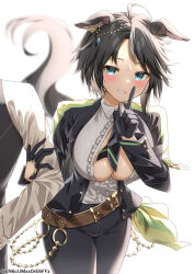 Rule 34 | 1boy, 1girl, absurdres, ahoge, animal ears, belt, black gloves, black hair, black jacket, black necktie, black pants, black vest, blue eyes, blurry, blurry background, blush, breasts, brown belt, center frills, cleavage, collared shirt, commentary request, cowboy shot, ear ornament, ear piercing, frilled shirt, frills, fuji kiseki (umamusume), gloves, gold trim, highres, horse ears, horse girl, horse tail, index finger raised, jacket, large breasts, locked arms, long sleeves, medium breasts, multicolored hair, necktie, open clothes, open jacket, out of frame, pants, partially unbuttoned, piercing, shirt, short hair, sidelocks, simple background, smile, standing, tail, trainer (umamusume), twitter username, umamusume, underbust, vest, white background, white hair, white shirt, yamano rokamizu