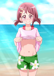 Rule 34 | 1girl, asymmetrical bangs, bare legs, beach, belly, blush, brown hair, clothes lift, collarbone, commentary request, cowboy shot, day, floral print, flower, green shorts, hair flower, hair ornament, hairpin, hanadera nodoka, healin&#039; good precure, highres, light rays, navel, nose blush, ocean, outdoors, pink eyes, pink shirt, precure, rin takanashi glacies, sand, shiny skin, shirt, shirt lift, short hair, short twintails, shorts, smile, solo, stomach, toned, twintails