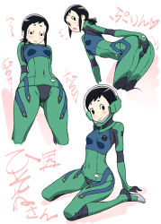 Rule 34 | 10s, 1girl, amakasu hisone, black hair, blush, bodysuit, brown eyes, commentary, covering ass, covering privates, embarrassed, helmet, highres, hisone to masotan, mob face, multiple views, pilot suit, shikishima gangu, short ponytail, sitting, wariza, white background