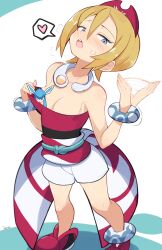 Rule 34 | 1girl, blonde hair, blue eyes, blush, bracelet, breasts, censored, cleavage, clothes pull, collarbone, creatures (company), detached collar, dress, dress pull, fanning self, full body, game freak, gen 4 pokemon, glaceon, hairband, highres, irida (pokemon), jellcaps, jewelry, looking at viewer, neck ring, nintendo, novelty censor, one breast out, one eye closed, open mouth, pokemon, pokemon legends: arceus, pulled by self, red dress, red hairband, short hair, small breasts, solo, strapless, strapless dress