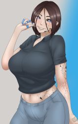 Rule 34 | 1girl, absurdres, arm behind back, arm up, bandaged fingers, bandages, bandaid, breasts, broken, broken glass, brown hair, collarbone, collared shirt, contrapposto, crack, cracked skin, denim, glass, gradient background, hair between eyes, highres, holding, huge breasts, huge filesize, jeans, midriff, mintykristi, multicolored eyes, nail polish, navel, pants, personification, product girl, samsung, samsung sam, shirt, short hair, short sleeves, smile, solo, v-neck, yandere