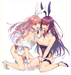 Rule 34 | 2girls, animal ears, blush, bow, bowtie, breasts, cleavage, collarbone, detached collar, fake animal ears, fake tail, fate/grand order, fate (series), fluffy, high heels, highres, holding another&#039;s head, kneeling, large breasts, bridal garter, leotard, medb (fate), medium breasts, multiple girls, official alternate costume, open mouth, pink hair, playboy bunny, rabbit ears, rabbit tail, scathach (fate), scathach (piercing bunny) (fate), simple background, strapless, strapless leotard, tail, tia (cocorosso), white background, wrist cuffs, yellow eyes